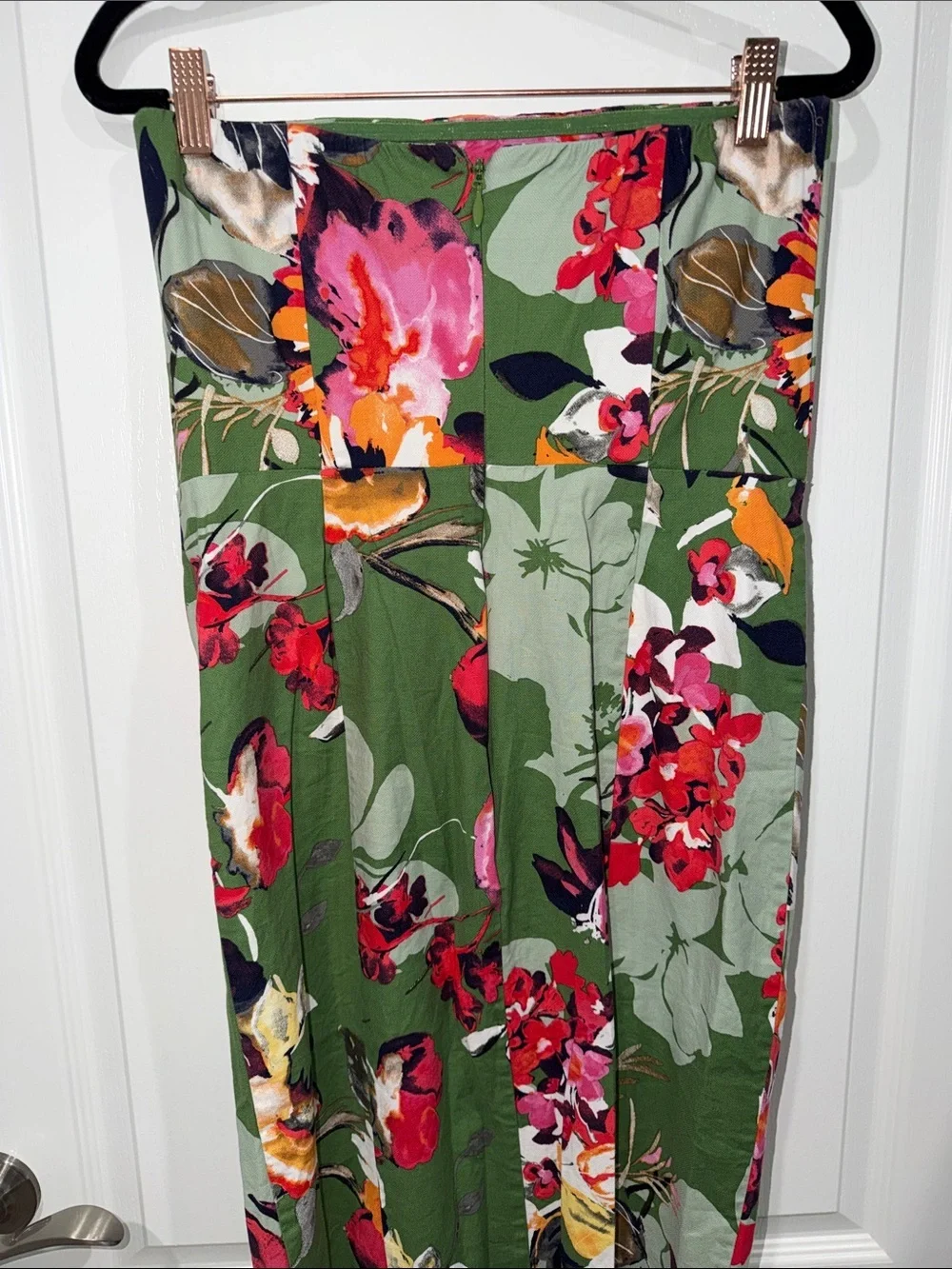 New York & Company Green Floral Midi strapless dress with slit size 6